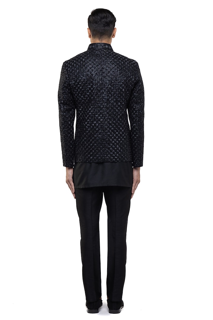 Black Silk Hand Embroidered Groom Bandhgala Set by SDS by KUSHAL SHAH at Pernia's Pop Up Shop