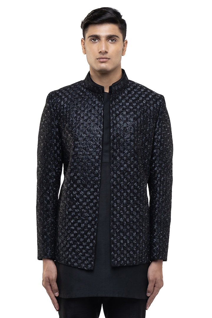 Black Silk Hand Embroidered Groom Bandhgala Set by SDS by KUSHAL SHAH at Pernia's Pop Up Shop