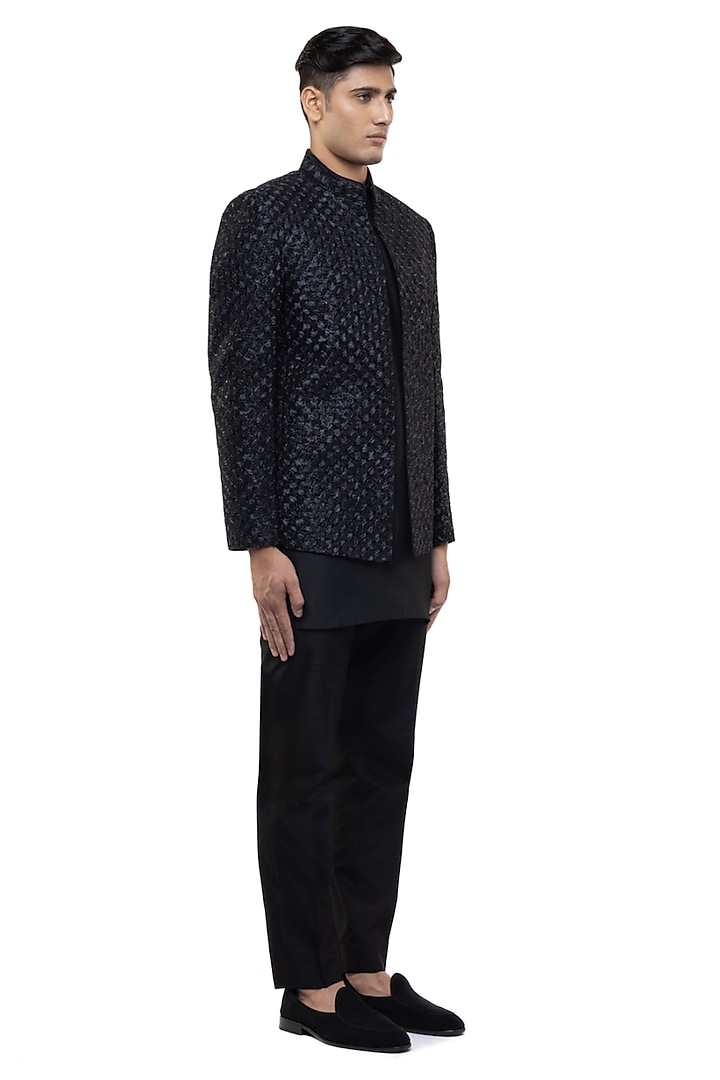 Black Silk Hand Embroidered Groom Bandhgala Set by SDS by KUSHAL SHAH at Pernia's Pop Up Shop