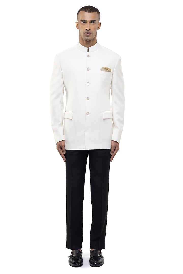 White Suiting Groom Bandhgala Set by SDS by KUSHAL SHAH at Pernia's Pop Up Shop