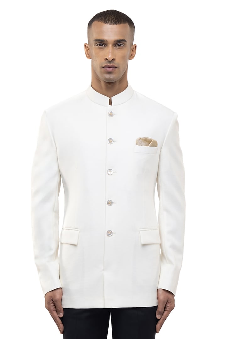 White Suiting Groom Bandhgala Set by SDS by KUSHAL SHAH at Pernia's Pop Up Shop