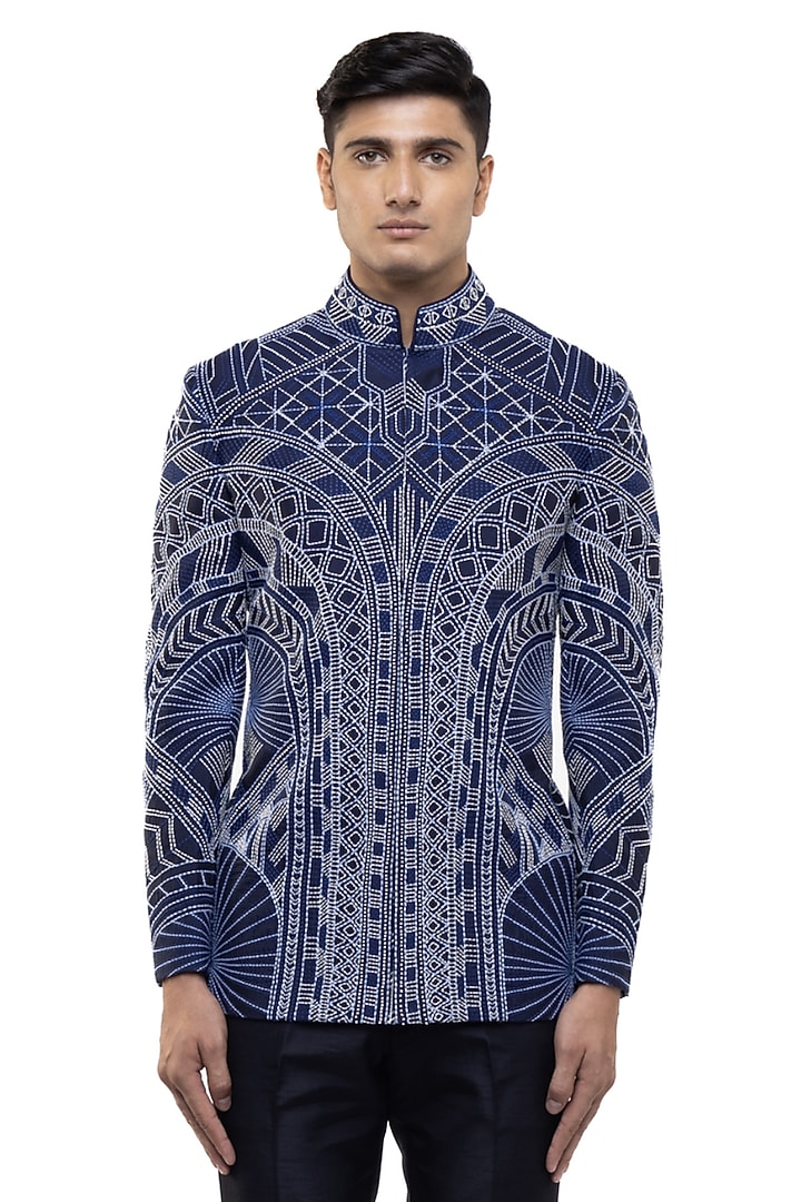 Blue Silk Groom Bandhgala Set by SDS by KUSHAL SHAH at Pernia's Pop Up Shop