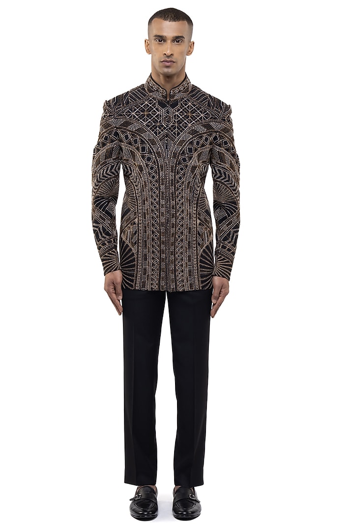 Black & Gold Silk Groom Bandhgala Set by SDS by KUSHAL SHAH at Pernia's Pop Up Shop