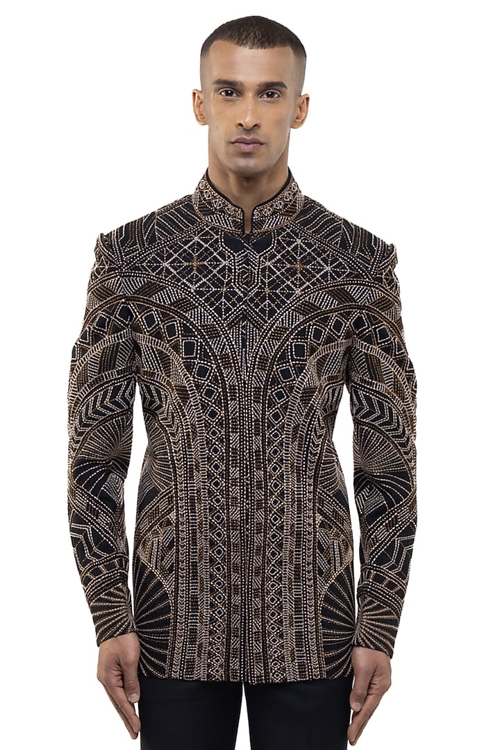 Black & Gold Silk Groom Bandhgala Set by SDS by KUSHAL SHAH at Pernia's Pop Up Shop