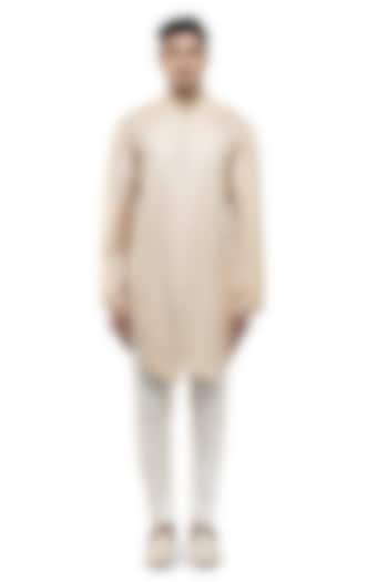 Beige Silk Asymmetric Pleated Kurta Set by SDS by KUSHAL SHAH at Pernia's Pop Up Shop