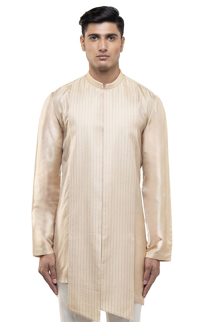 Beige Silk Asymmetric Pleated Kurta Set by SDS by KUSHAL SHAH at Pernia's Pop Up Shop