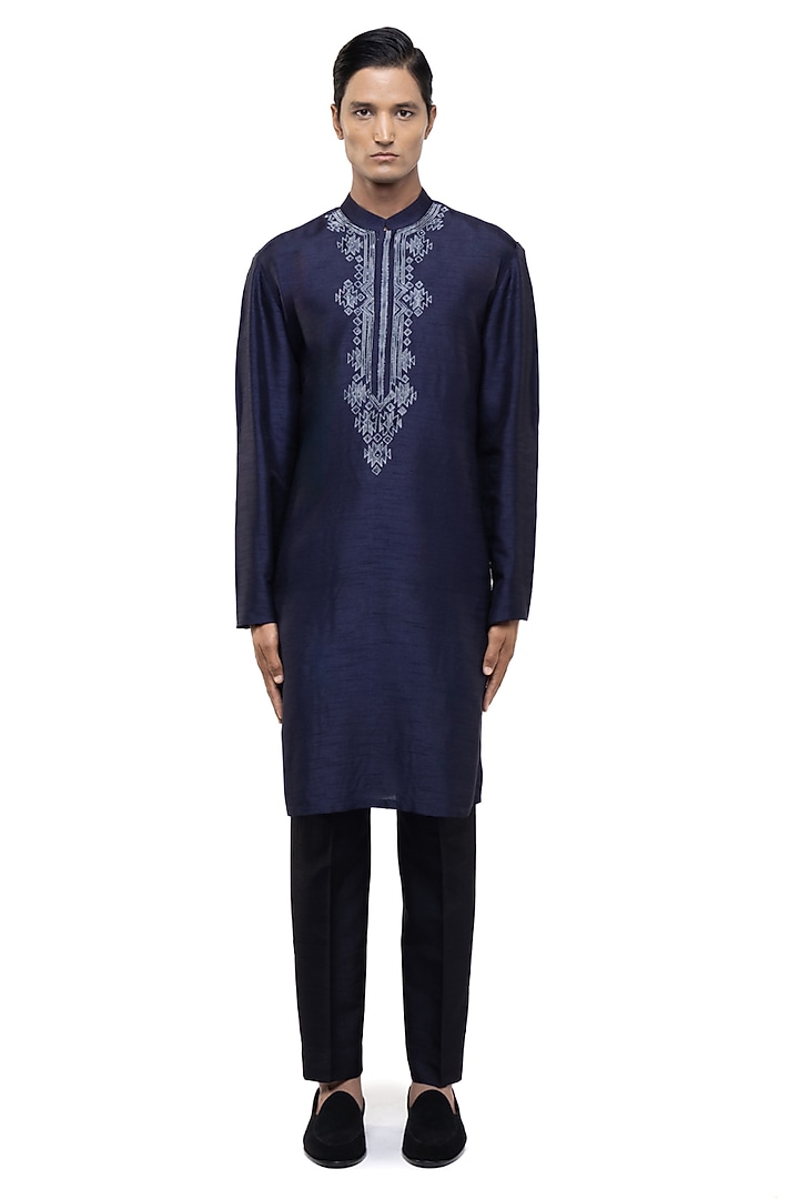 Navy Blue & White Silk Embroidered Kurta Set by SDS by KUSHAL SHAH at Pernia's Pop Up Shop