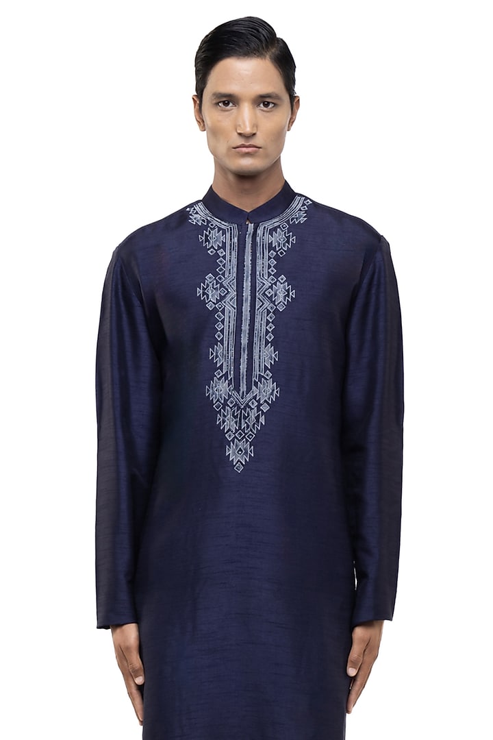 Navy Blue & White Silk Embroidered Kurta Set by SDS by KUSHAL SHAH at Pernia's Pop Up Shop