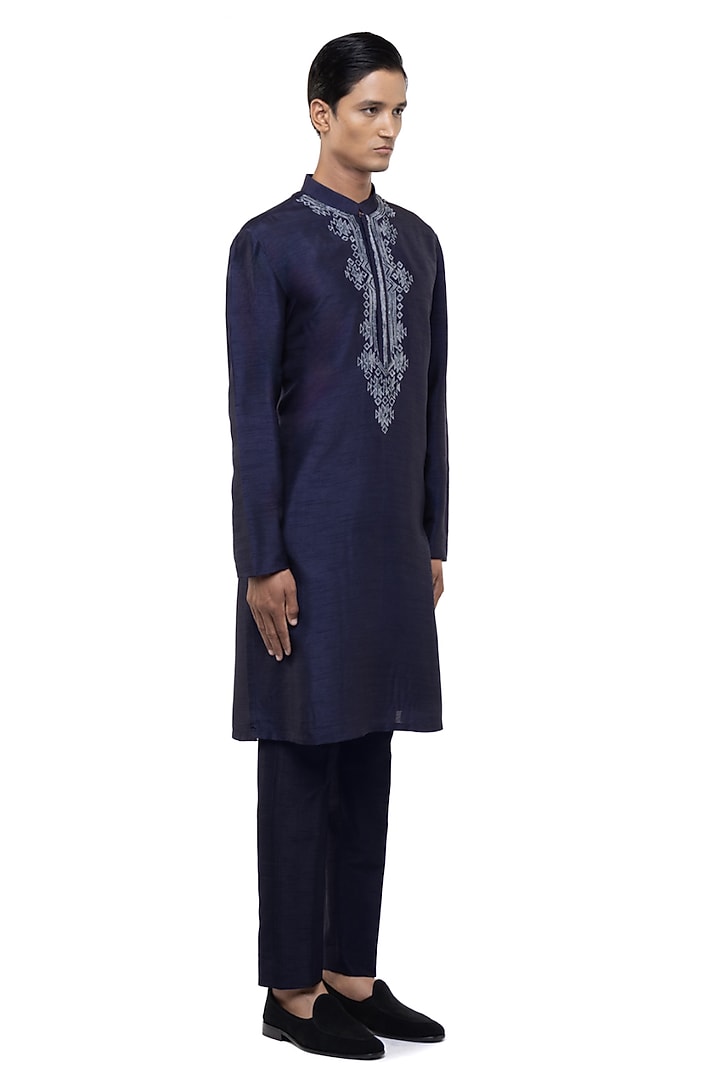 Navy Blue & White Silk Embroidered Kurta Set by SDS by KUSHAL SHAH at Pernia's Pop Up Shop