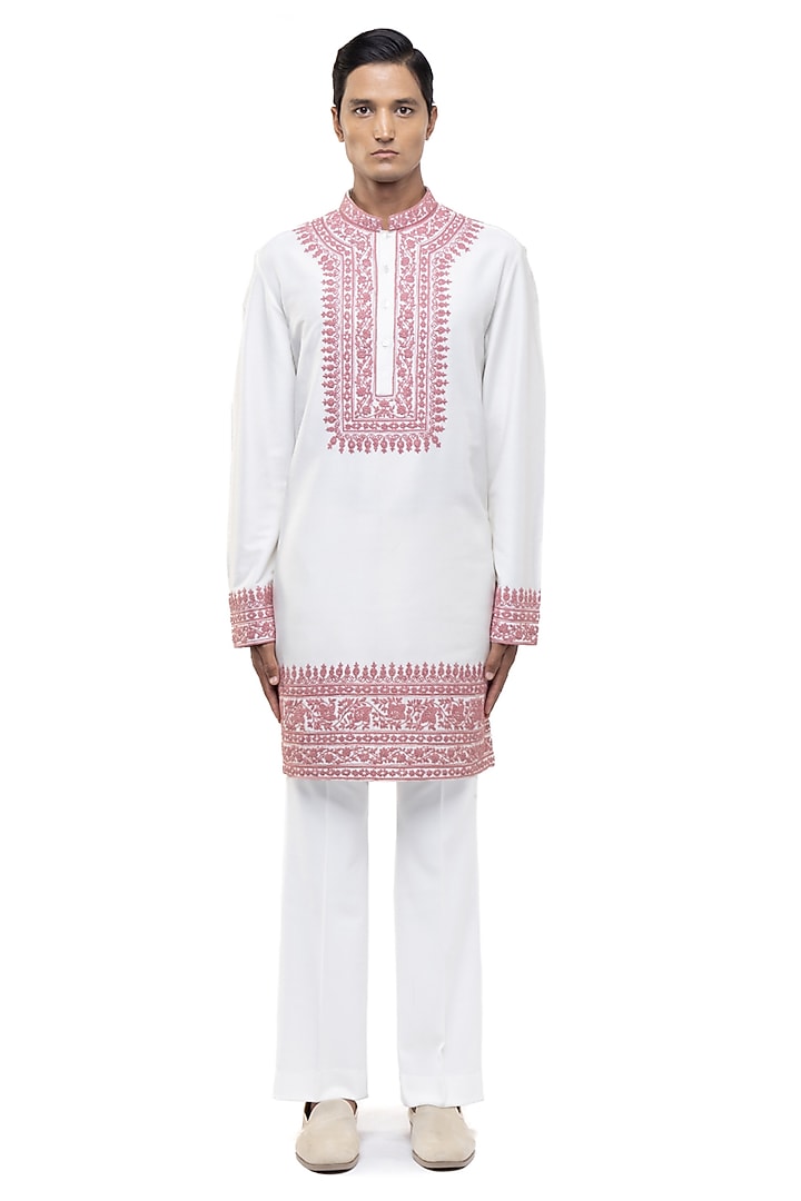 White & Pink Silk Dori Embroidered Kurta Set by SDS by KUSHAL SHAH at Pernia's Pop Up Shop