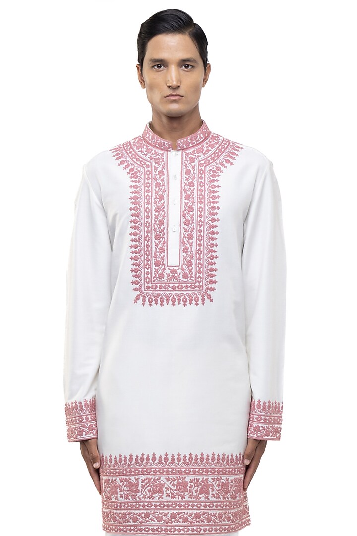 White & Pink Silk Dori Embroidered Kurta Set by SDS by KUSHAL SHAH at Pernia's Pop Up Shop