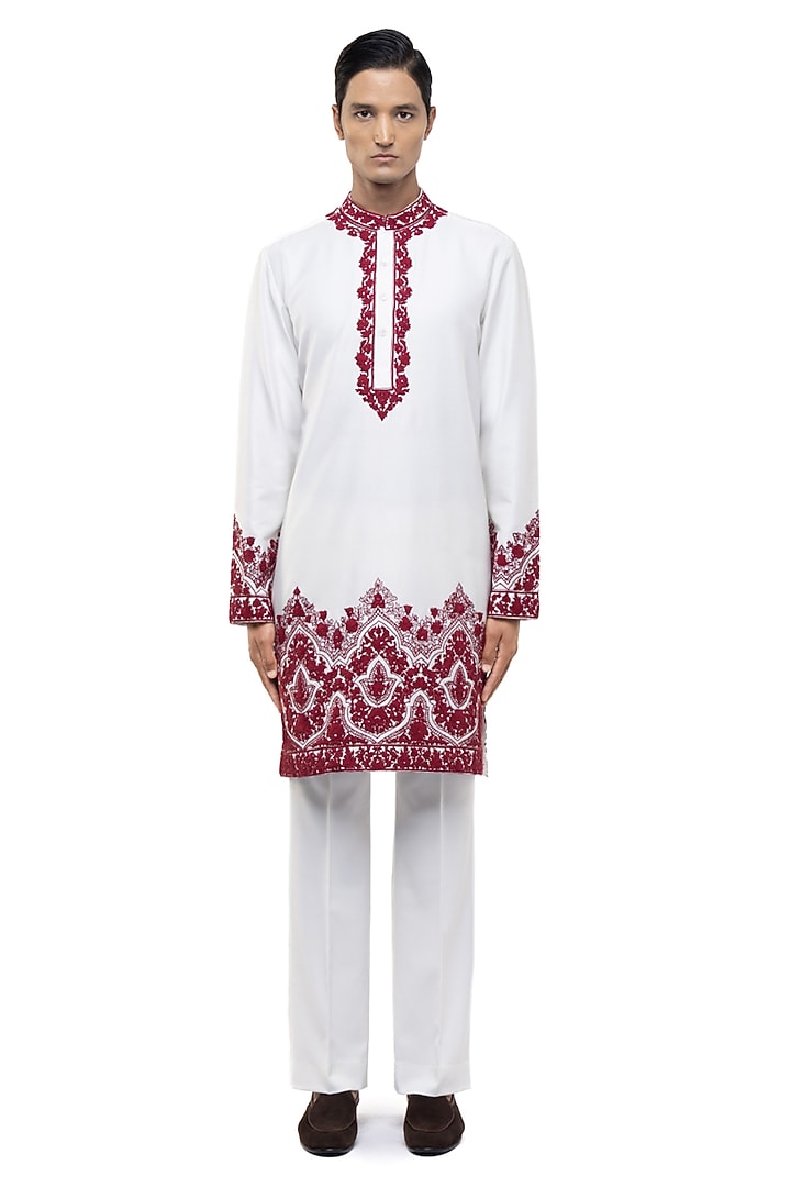 White & Red Silk Dori Embroidered Kurta Set by SDS by KUSHAL SHAH at Pernia's Pop Up Shop