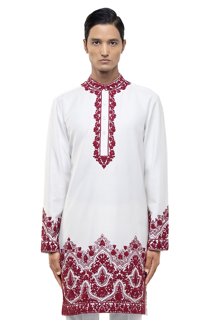 White & Red Silk Dori Embroidered Kurta Set by SDS by KUSHAL SHAH at Pernia's Pop Up Shop