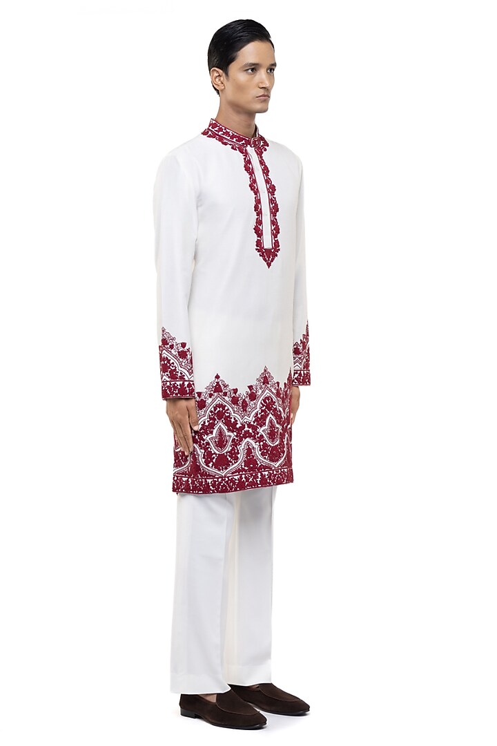 White & Red Silk Dori Embroidered Kurta Set by SDS by KUSHAL SHAH at Pernia's Pop Up Shop