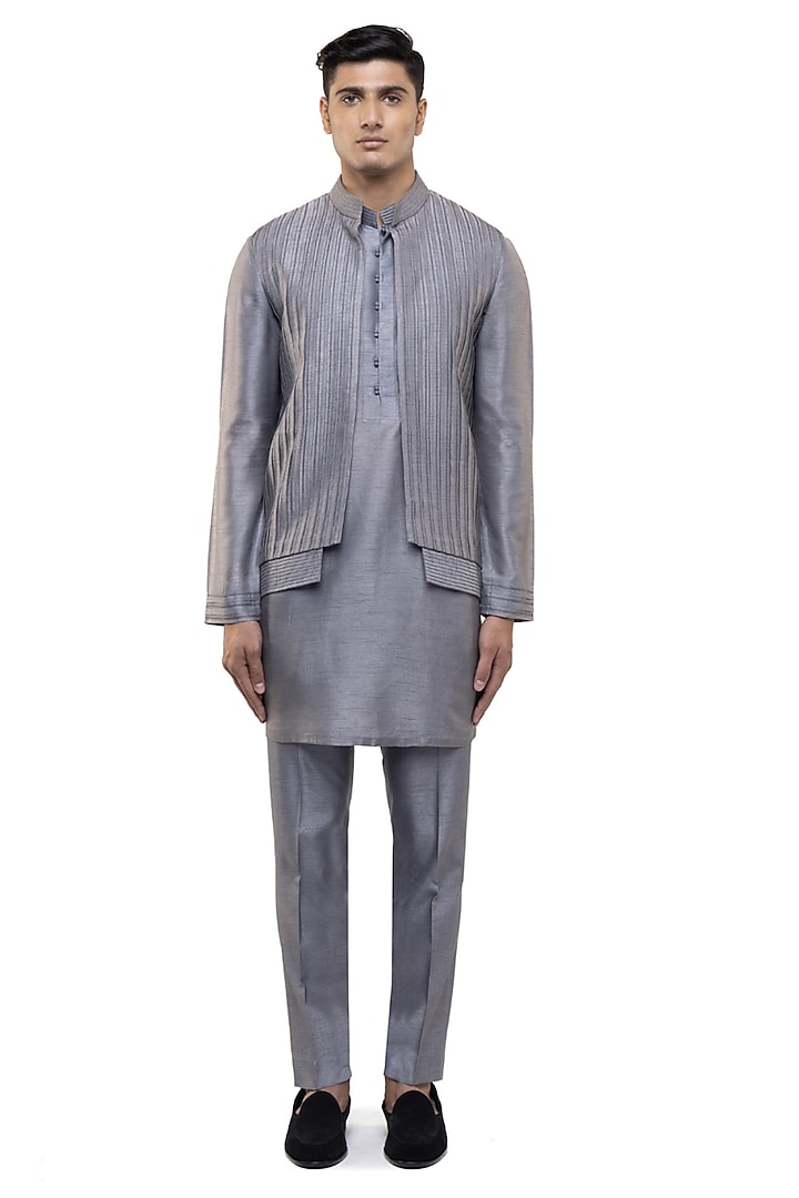 Grey Silk Pleated Bundi Jacket Set by SDS by KUSHAL SHAH at Pernia's Pop Up Shop