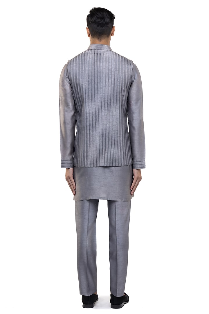 Grey Silk Pleated Bundi Jacket Set by SDS by KUSHAL SHAH at Pernia's Pop Up Shop