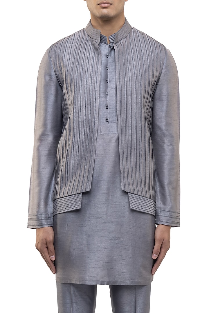 Grey Silk Pleated Bundi Jacket Set by SDS by KUSHAL SHAH at Pernia's Pop Up Shop