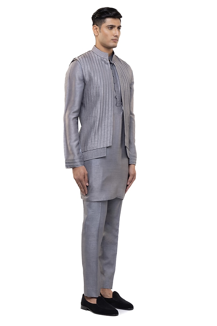 Grey Silk Pleated Bundi Jacket Set by SDS by KUSHAL SHAH at Pernia's Pop Up Shop