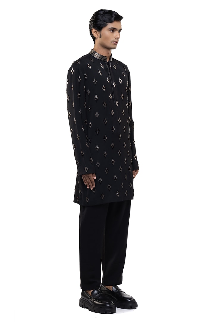Black Cotton Elastane Motifs Embellished Kurta Set by SDS by KUSHAL SHAH at Pernia's Pop Up Shop