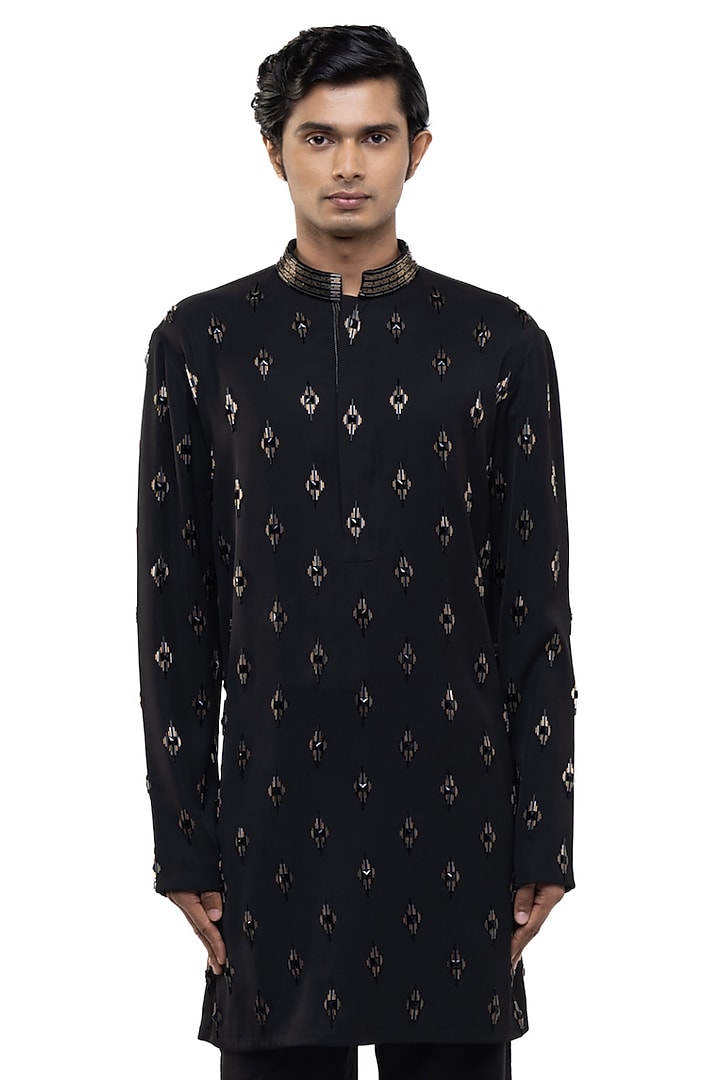 Black Cotton Elastane Motifs Embellished Kurta Set by SDS by KUSHAL SHAH at Pernia's Pop Up Shop