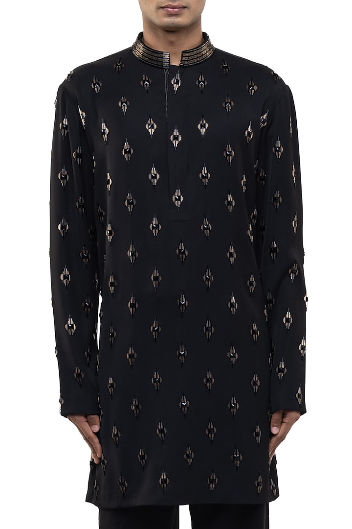 Black Cotton Elastane Motifs Embellished Kurta Set by SDS by KUSHAL SHAH at Pernia's Pop Up Shop