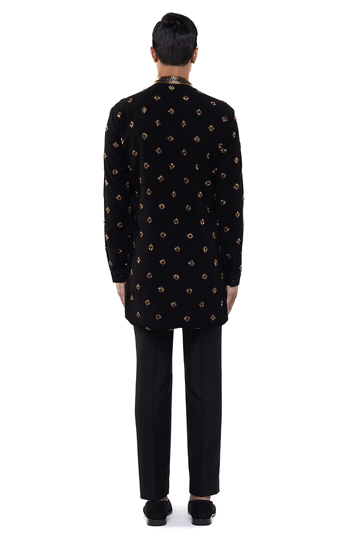 Black Cotton Elastane Motifs Embellished Kurta Set by SDS by KUSHAL SHAH at Pernia's Pop Up Shop