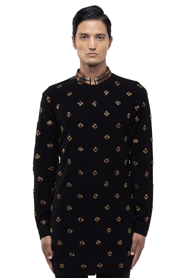 Black Cotton Elastane Motifs Embellished Kurta Set by SDS by KUSHAL SHAH at Pernia's Pop Up Shop