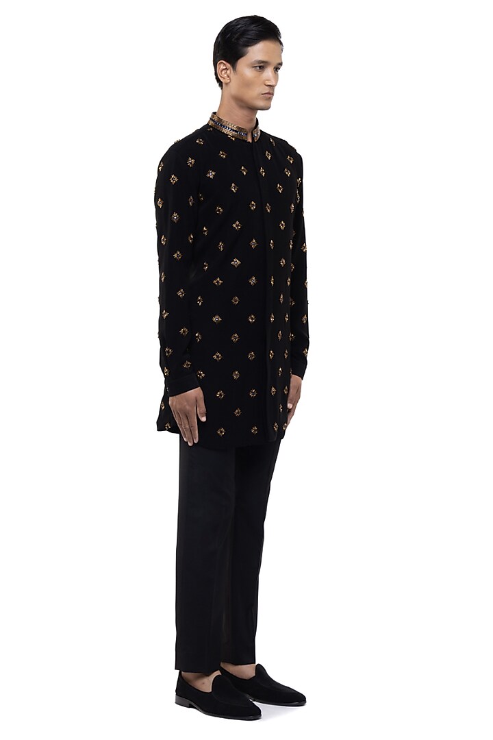 Black Cotton Elastane Motifs Embellished Kurta Set by SDS by KUSHAL SHAH at Pernia's Pop Up Shop