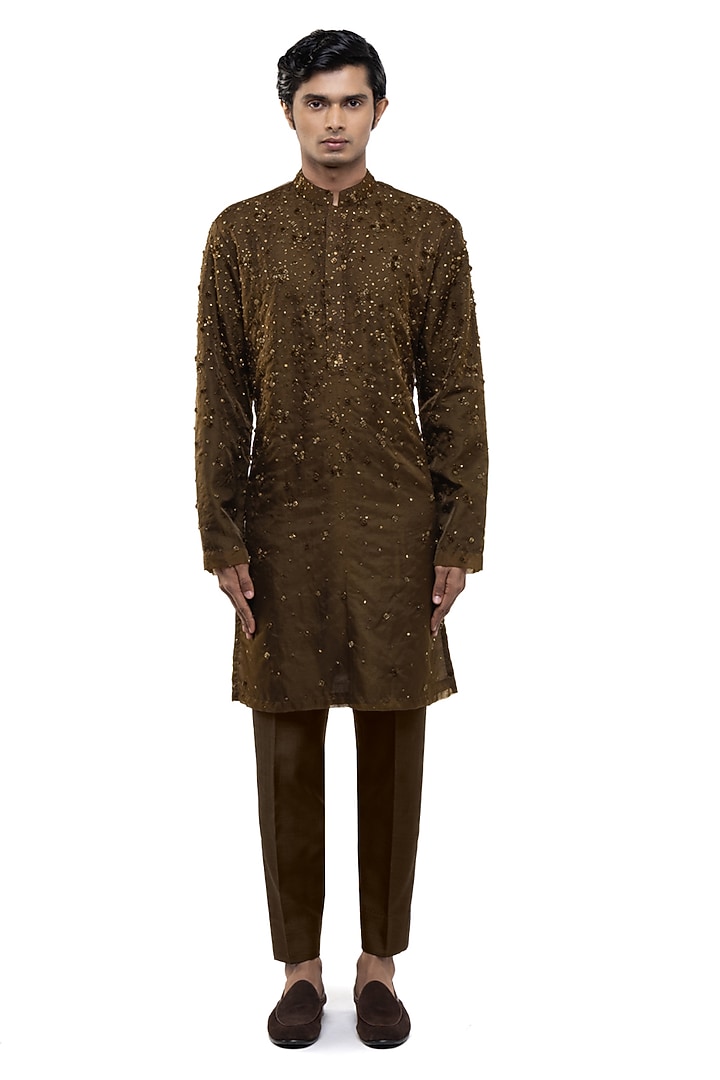 Brown Organza Applique Embroidered Kurta Set by SDS by KUSHAL SHAH at Pernia's Pop Up Shop