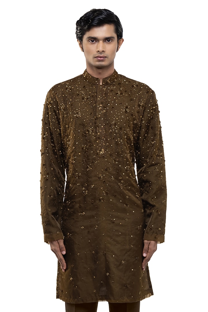 Brown Organza Applique Embroidered Kurta Set by SDS by KUSHAL SHAH at Pernia's Pop Up Shop