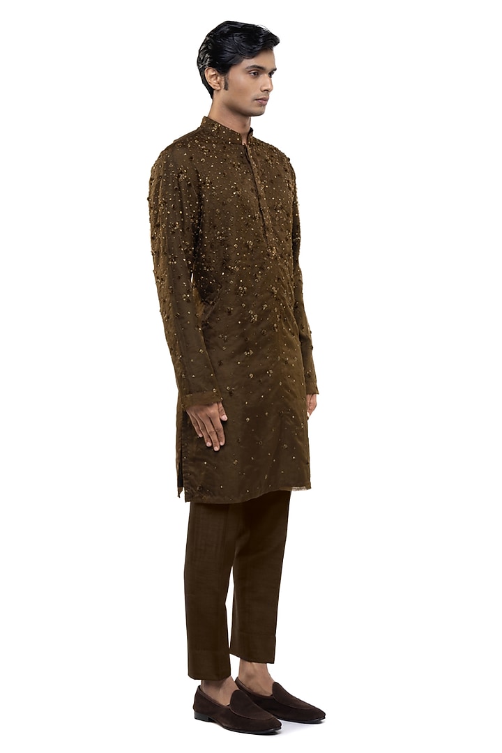 Brown Organza Applique Embroidered Kurta Set by SDS by KUSHAL SHAH at Pernia's Pop Up Shop