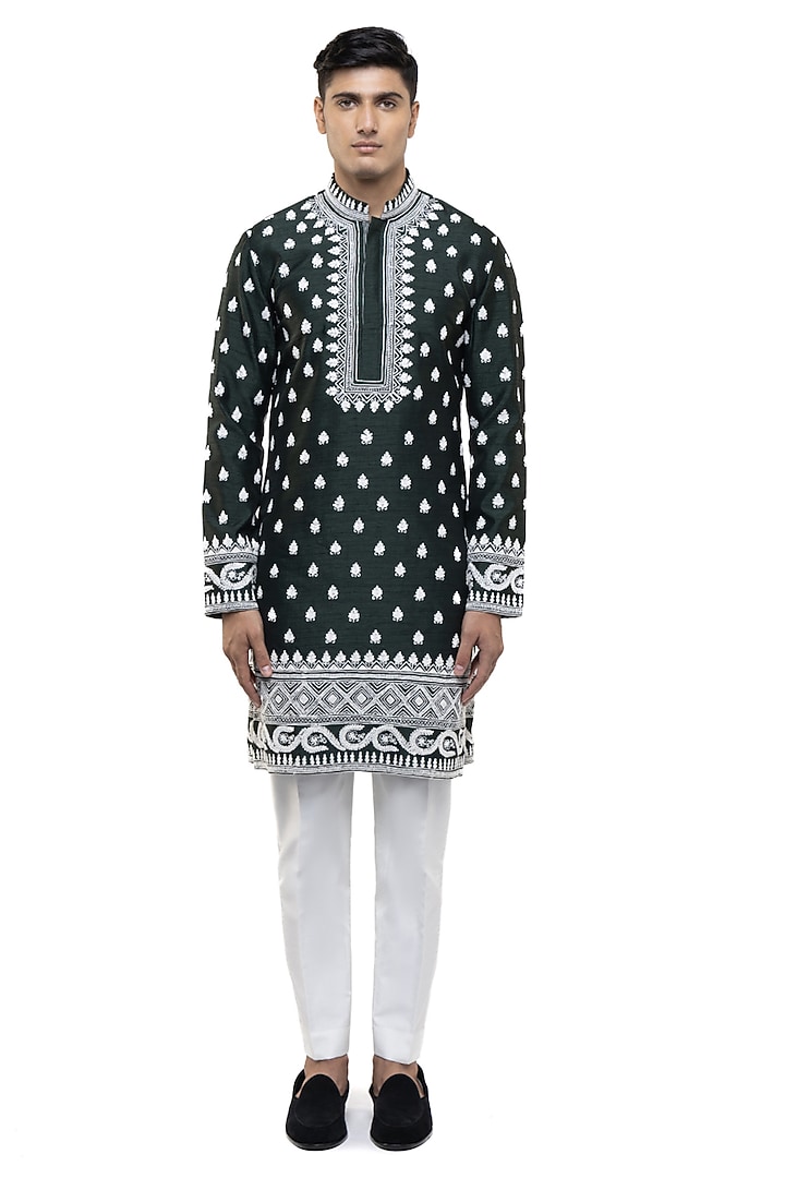Green & White Silk Dori Embroidered Kurta Set by SDS by KUSHAL SHAH at Pernia's Pop Up Shop