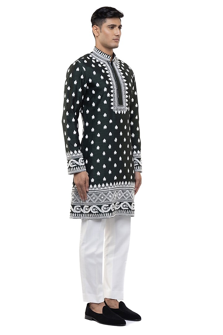 Green & White Silk Dori Embroidered Kurta Set by SDS by KUSHAL SHAH at Pernia's Pop Up Shop