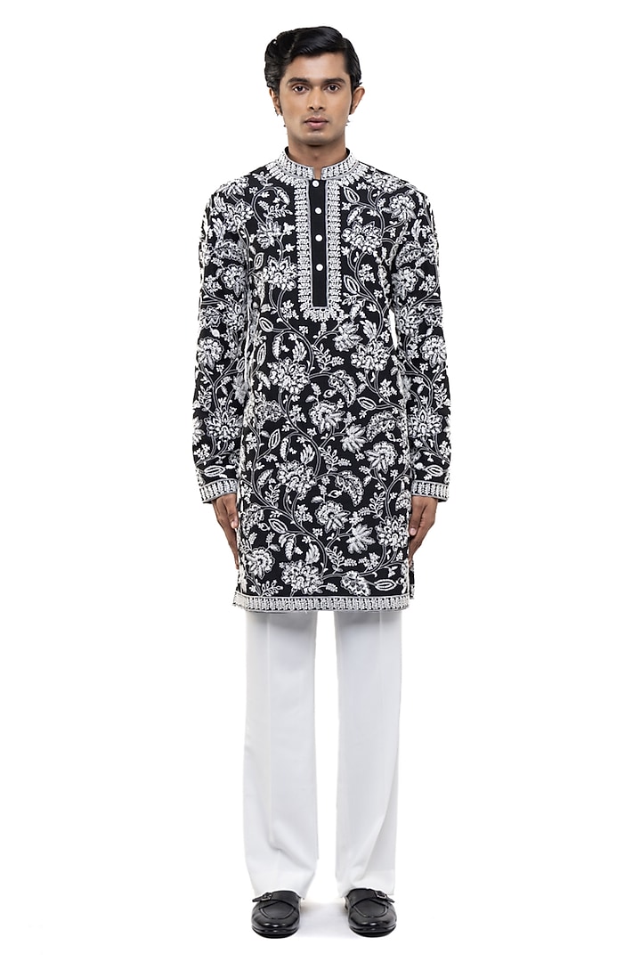 Black & White Silk Floral Embroidered Kurta Set by SDS by KUSHAL SHAH at Pernia's Pop Up Shop