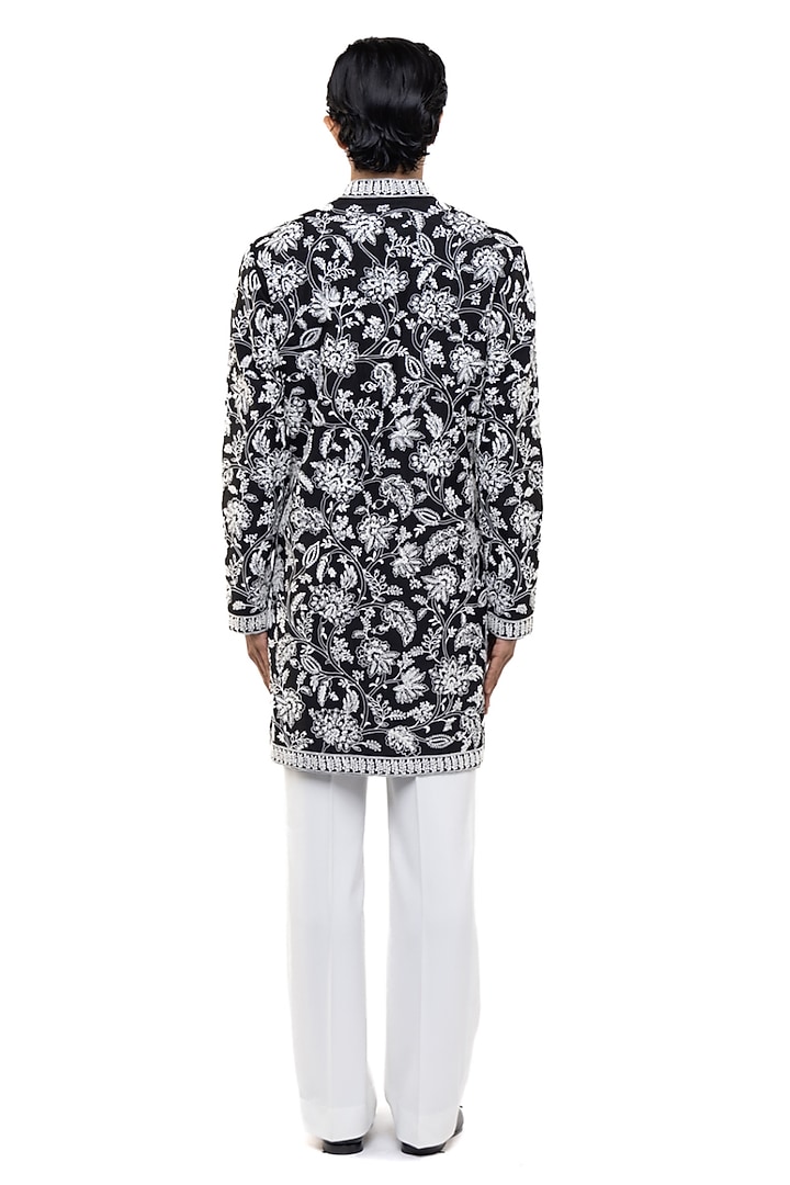Black & White Silk Floral Embroidered Kurta Set by SDS by KUSHAL SHAH at Pernia's Pop Up Shop