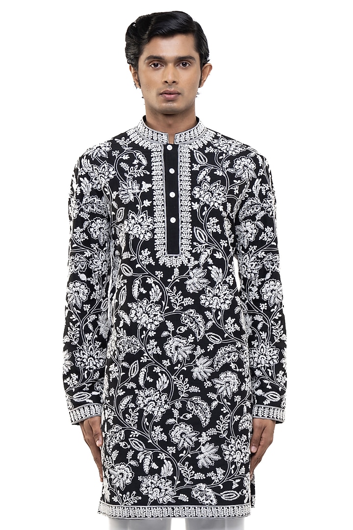Black & White Silk Floral Embroidered Kurta Set by SDS by KUSHAL SHAH at Pernia's Pop Up Shop