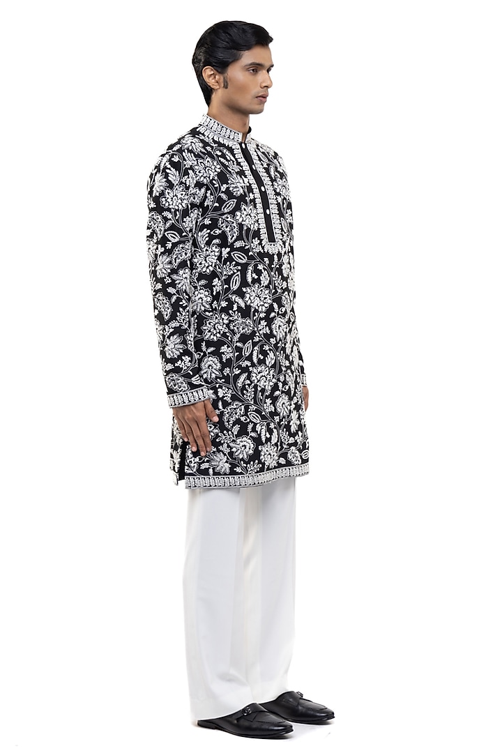 Black & White Silk Floral Embroidered Kurta Set by SDS by KUSHAL SHAH at Pernia's Pop Up Shop
