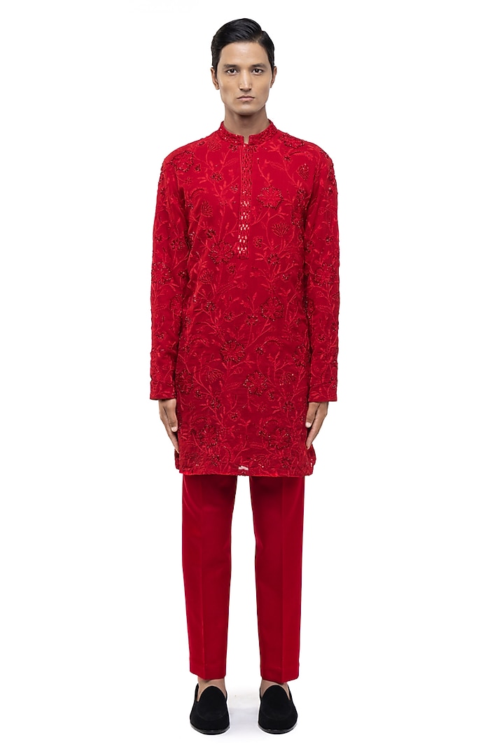 Red Georgette Floral Embroidered Kurta Set by SDS by KUSHAL SHAH at Pernia's Pop Up Shop