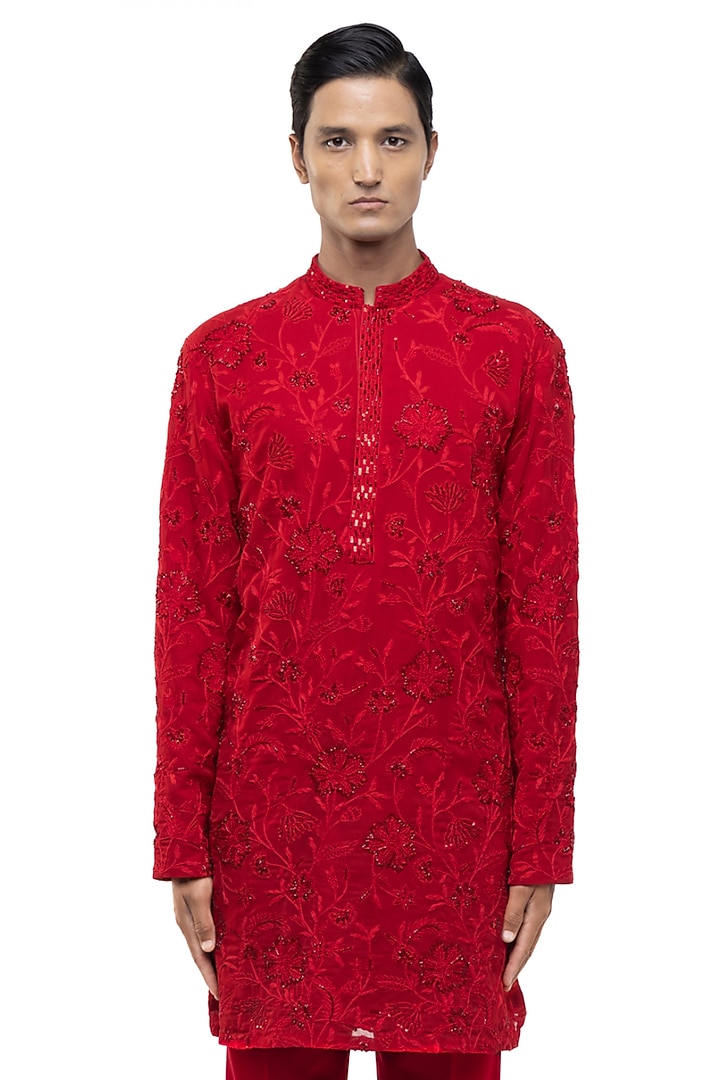 Red Georgette Floral Embroidered Kurta Set by SDS by KUSHAL SHAH at Pernia's Pop Up Shop