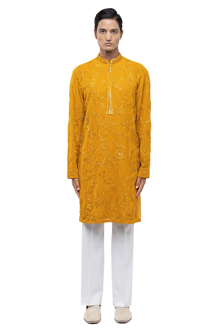 Yellow Georgette Floral Embroidered Kurta Set by SDS by KUSHAL SHAH at Pernia's Pop Up Shop