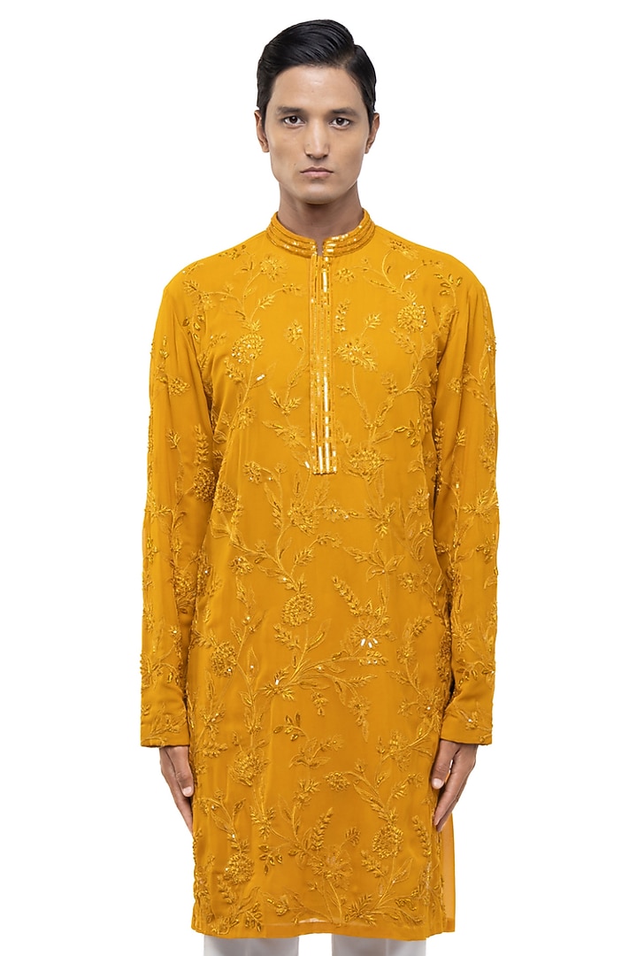 Yellow Georgette Floral Embroidered Kurta Set by SDS by KUSHAL SHAH at Pernia's Pop Up Shop
