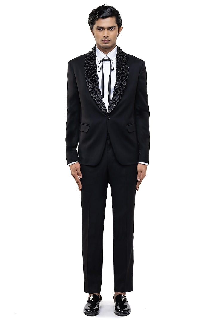 Black Worsted Wool Embroidered Tuxedo Set by SDS by KUSHAL SHAH at Pernia's Pop Up Shop