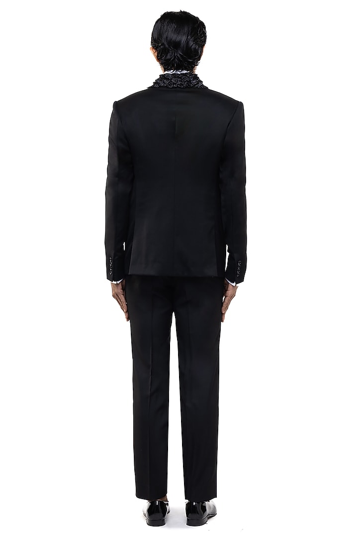 Black Worsted Wool Embroidered Tuxedo Set by SDS by KUSHAL SHAH at Pernia's Pop Up Shop