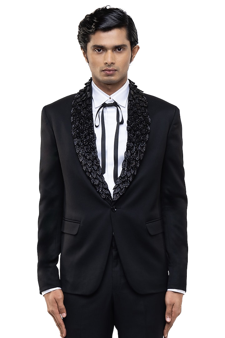 Black Worsted Wool Embroidered Tuxedo Set by SDS by KUSHAL SHAH at Pernia's Pop Up Shop