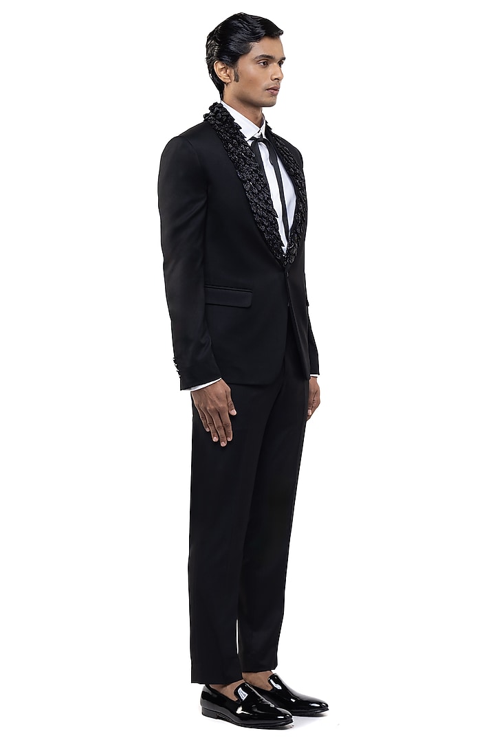 Black Worsted Wool Embroidered Tuxedo Set by SDS by KUSHAL SHAH at Pernia's Pop Up Shop