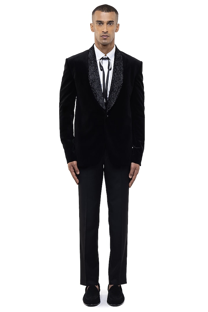 Black Velvet Embroidered Tuxedo Set by SDS by KUSHAL SHAH at Pernia's Pop Up Shop