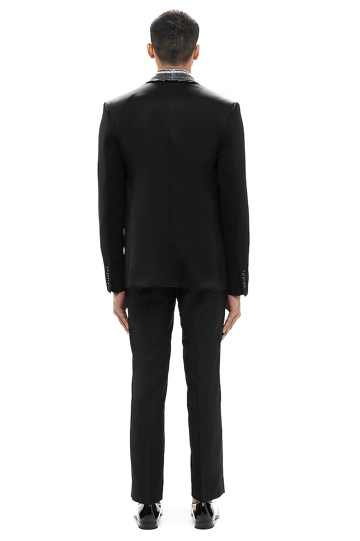Black Velvet Embroidered Tuxedo Set by SDS by KUSHAL SHAH at Pernia's Pop Up Shop