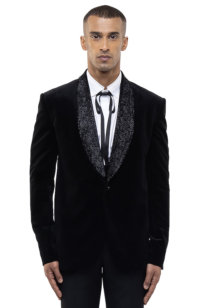 Black Velvet Embroidered Tuxedo Set by SDS by KUSHAL SHAH at Pernia's Pop Up Shop