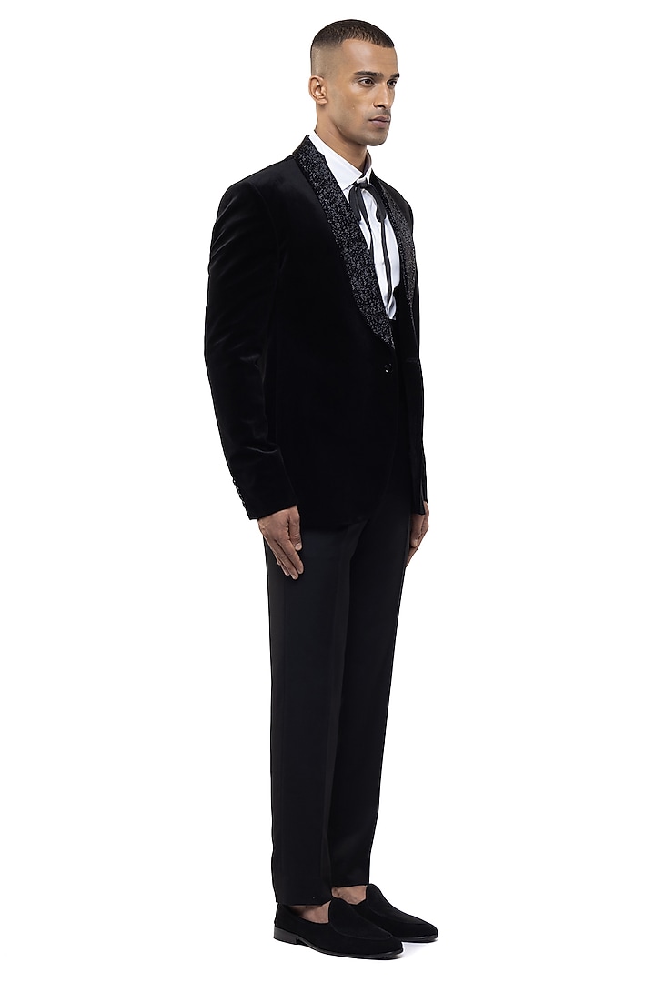 Black Velvet Embroidered Tuxedo Set by SDS by KUSHAL SHAH at Pernia's Pop Up Shop