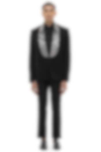 Black Worsted Wool Embroidered Tuxedo Set by SDS by KUSHAL SHAH at Pernia's Pop Up Shop